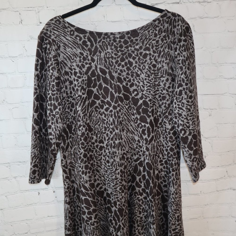 Leota Ocelot Gray 3/4 Sleeve Scoop Back Circle Midi Dress Women's Size 2X-NWOT - Picture 2 of 9